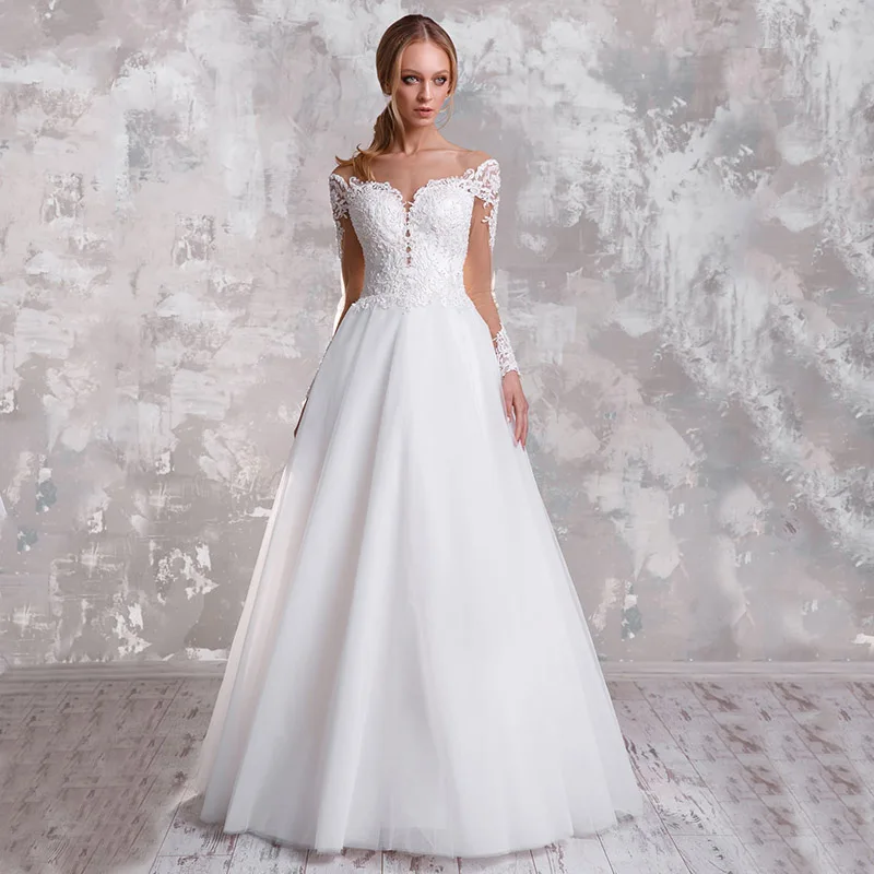 

Vestido De Noiva Elegant Wedding Dress Scoop Tulle A-line Bridal Dresses with Button Lace Appliques Long Sleeve Bridal Gowns