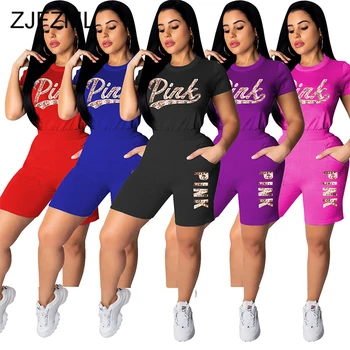 

Letter Sequins Sexy Two Piece Set Women's Sporswear Outfit Short Sleeve Slim Fit Top And Biker Shorts Sweat Suits Casual Outfits