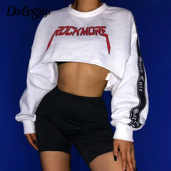 

Darlingaga Streetwear Hip Hop Crop Top Hoodie Cotton White Women's Sweatshirt Patchwork Pullover Loose Sweatshirts Autumn Jumper