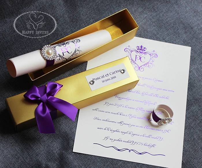 HI2052-52 Custom Scroll Invitation with  Purple Foiling Printing & Gold Box