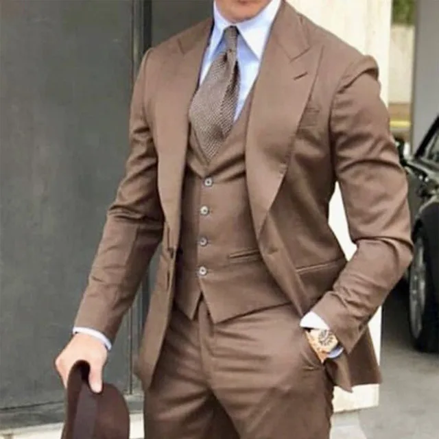 Формальные Свадебные Мужские костюмы с острым отворотом коричневый пиджак жилет брюки сшитые по индивидуальному заказу Блейзер смокинги для жениха для мужчин s Выпускной костюм 3 шт