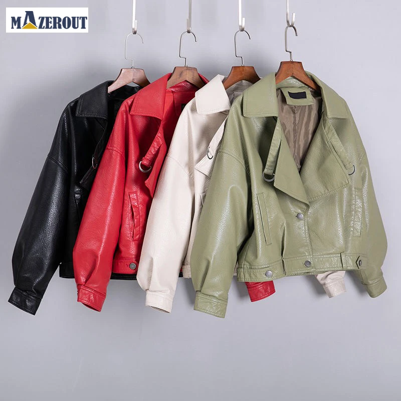 

MAZEROUT Autumn Short Faux Leather Jacket Women Basic Fashion Zipper Soft Motorcycle PU Leather Jacket Ladies Street Coat