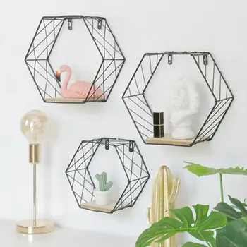 

Display Shelf Storage Rack Hexagonal Shelf Innovative Modern White/Black Iron Home Hanging Wall Bookshelf Living