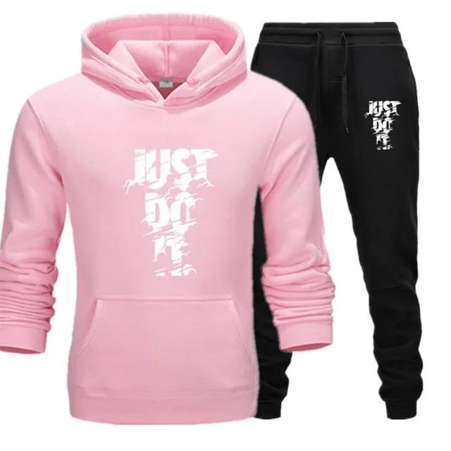 pink Мужская зимняя теплая толстовка с капюшоном+ брюки, удобная повседневная спортивная одежда, пуловер, толстовка, костюм - Цвет: pink