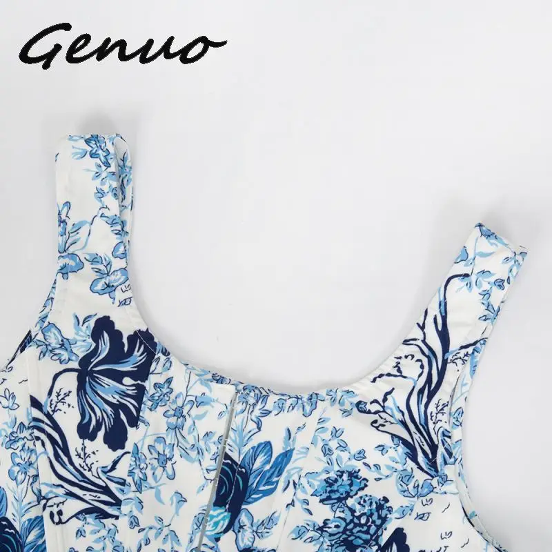 Genuo, новинка, цветочный принт, синий короткий топ для женщин, Haut Femme, тонкий короткий топ, китайский стиль, рубашки, без рукавов, сексуальные, вечерние, топ, Camis Mujer