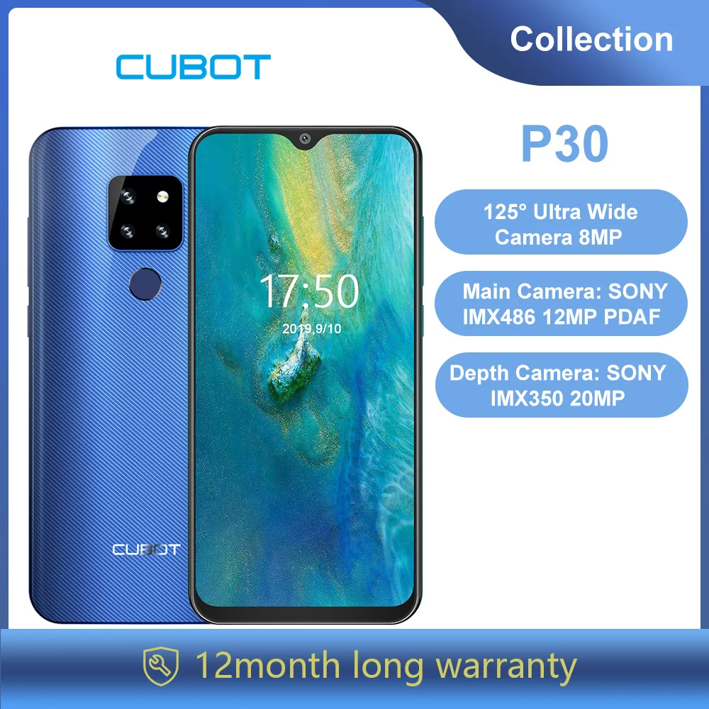 Смартфон Cubot P30 4 Гб RAM+ 64 ГБ ROM Памяти 6," экран капли воды FHD+ 2340x1080p Android 9,0 Pie Система Helio P23 SONY AI задние тройные камеры Телефон Поддержка Распознавания лица 4000 мАч Батарея 4G LTE Сети