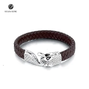 

Popular Titanium Steel Snake Head Assertive Genuine Leather Woven Stainless Steel Men's Trendy Leather Charm Bracelets