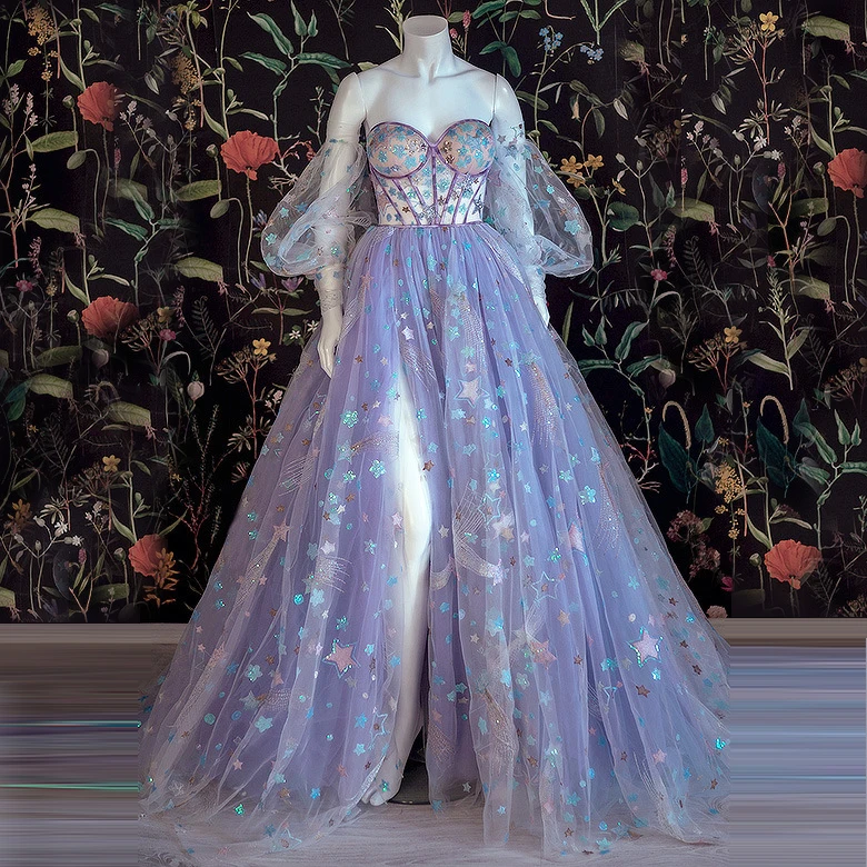 Sweetheart Sheer Corset Applique Tulle Long Dress Vintage Mauve