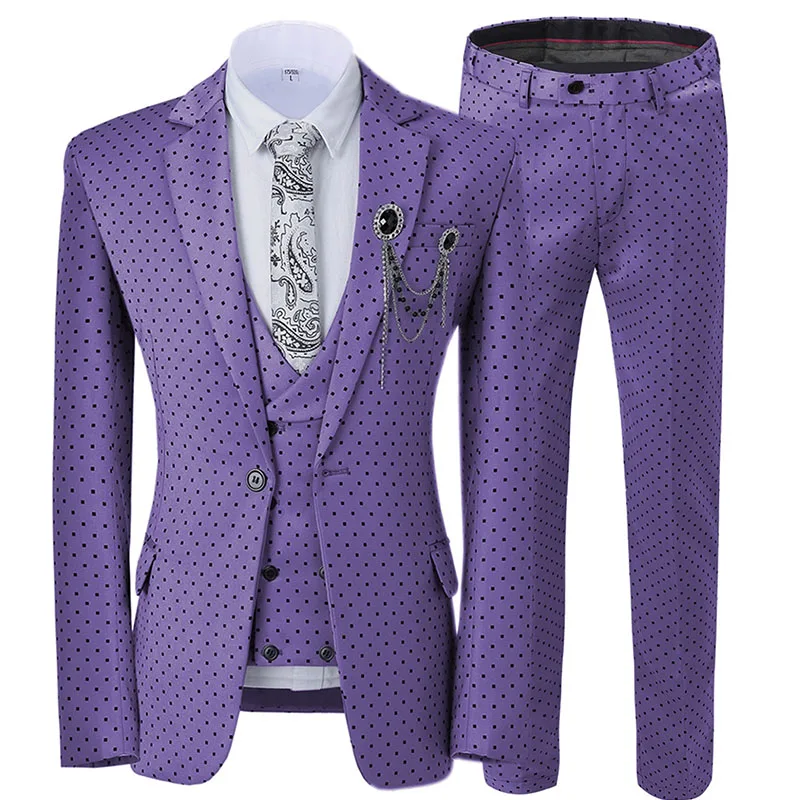 light purple Мужской белый костюм из 3 предметов с пятнистым тупым отворотом, приталенный двубортный жилет, смокинги для женихов, мужские для свадьбы(Блейзер+ жилет+ брюки - Цвет: light purple