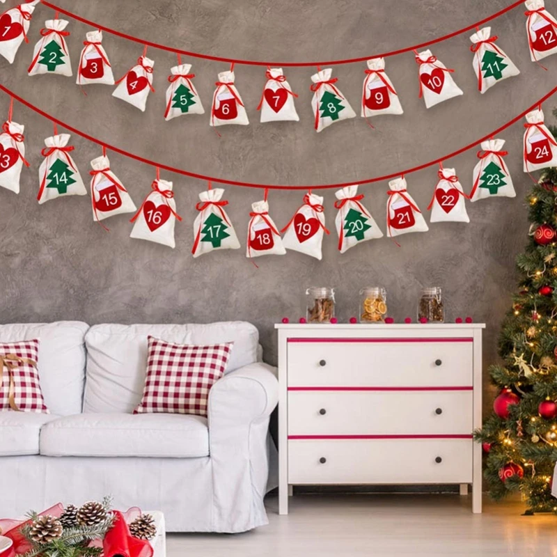 Cotton Christmas Advent Calendar Garland 24pcs 11x16cm Hanging Advent Calendar Gift Bags New Year Family Calendar