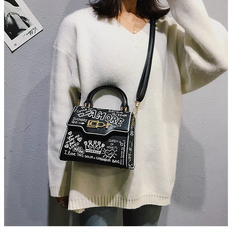 Модная женская дизайнерская сумка с принтом граффити, сумки на плечо из искусственной кожи, роскошные сумки через плечо для женщин, маленькая квадратная сумка