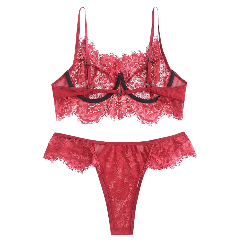 ZAFUL Lace Underwire Sheer Hollow Out Lingerie Set For Women Full Cup Back Closure Adjusted-Straps Female Sexy Set