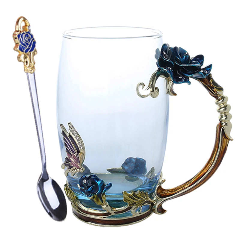 Blue Long With spoon Эмаль кофе чай чашка кружка 3D Роза бабочка стеклянные чашки свадебный подарок DTT88 - Цвет: Blue Long With spoon