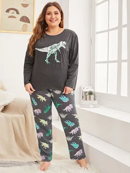

4XL Plus Size Women Autumn Dinosaur Nice Printing Pajama Sets Long Sleeve Pajamas Soft Pyjamas Sleepwear Autumn Homewear 2020