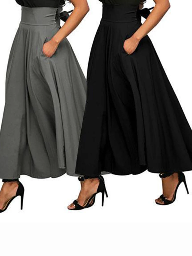 Long Skirt Women 2020 Fashion Waist Tie Solid Summer Skirts for Women Elegant Party Pleated Ladies Female A-line Skirts  (2)