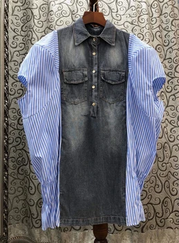

2020 Spring and Summer New Women's Lapel Irregular Stripe Spell Color Stitching Denim Loose Top 618