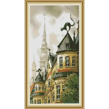 

Joy Sunday New Arrival Black Cat on The Roof Needlework Handmade 11&14CTCross Stitch Sets for Embroidery Kits Gift Home Decor
