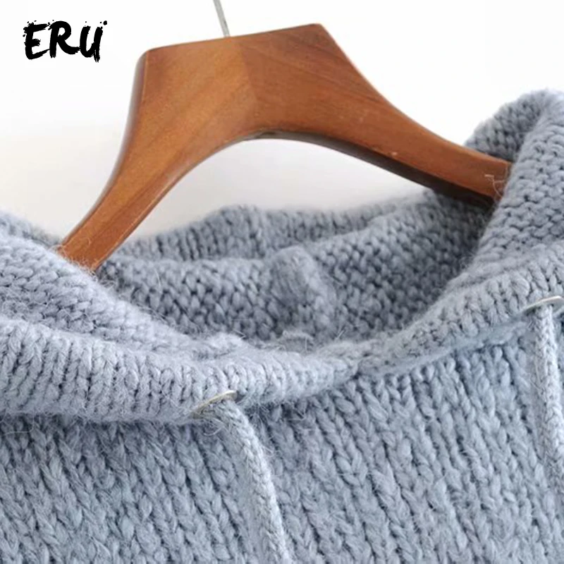 ERU blue Повседневная зимняя женская толстовка с капюшоном и длинным рукавом, большие размеры, толстовки, вязаные теплые женские свитшоты