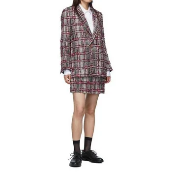 

2019 fall and winter red plaid women high quality woven woolen blazer coat