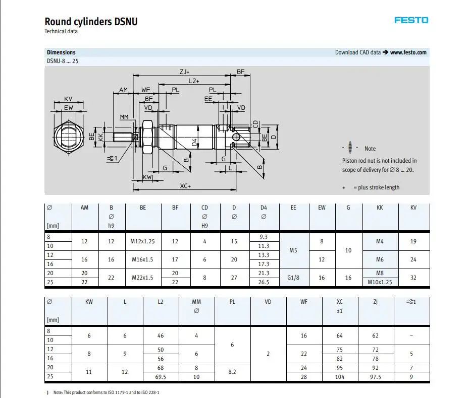 DSNU-10-70-P-75K8 193987 FESTO круглые цилиндры с зажимное устройство модельный ряд DSNU пневматические компоненты воздушные инструменты