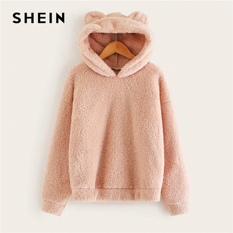 SHEIN kids/розовый однотонный зимний Повседневный свитер с капюшоном с ушками Тедди для девочек детские топы г. Осенние милые худи для подростков с длинными рукавами