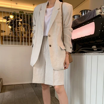

Suit women's spring summer Korean style casual temperament thin linen chic long sleeve blazers + shorts famale U603