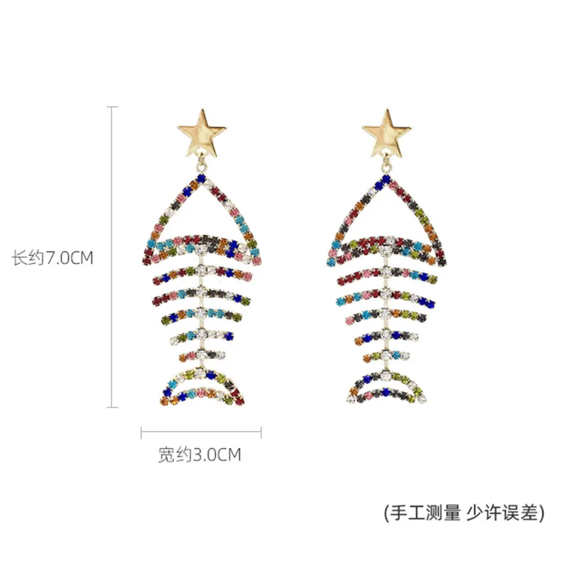 The new fish bone female earrings exaggerated big earrings color crystal temperament super fairy personality earrings