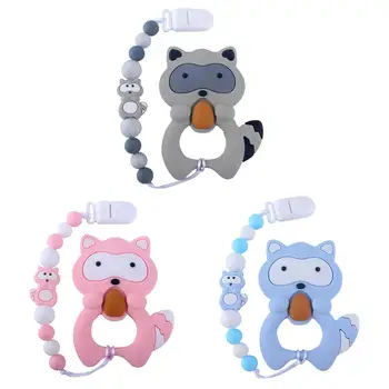 

Cartoon Animal Raccoon Tooth Gel Pacifier Chain Newborn Silicone Nipple Clip Baby Teether Set