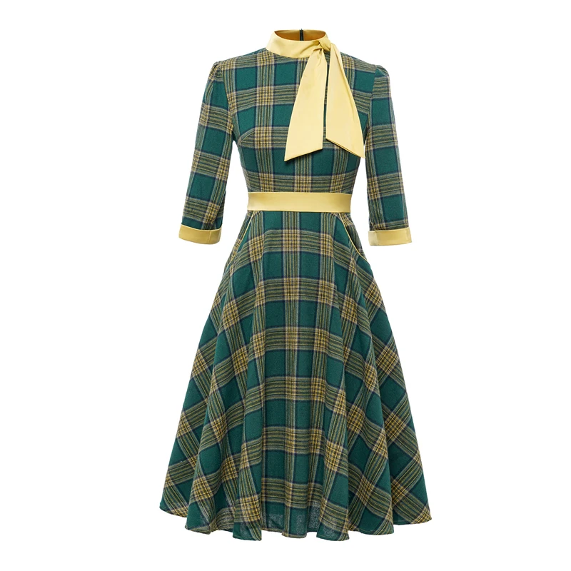 

2023 Women Spring Autumn 3/4 Sleeve Green Plaid Printed Bow Vintage Retro Elegant Ladies Party Knee Length Dress