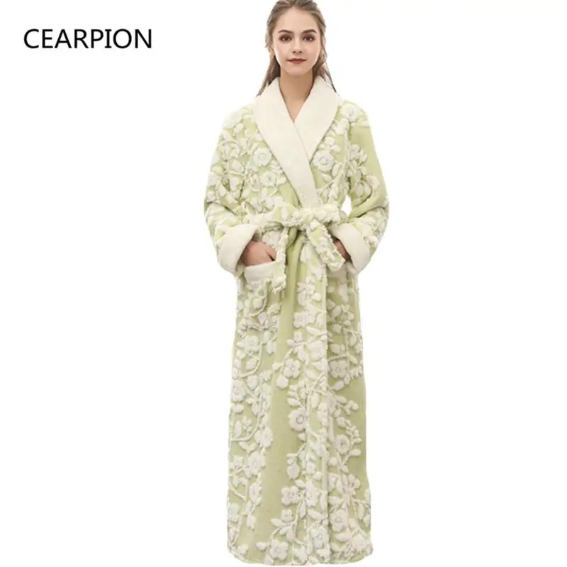 CEARPION, женский зимний халат, плотное теплое кимоно, халат, ночная рубашка, Femme Sleepwar, длина до лодыжки, ночная одежда размера плюс 3XL - Цвет: Green 1Women