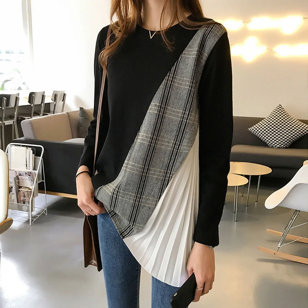 

2019 Autumn Korean Fashion Stiching T-shirt Long-sleeved Pleated Plaid T-shirt Female Loose O-Neck Women's Shirt Loose Style Top