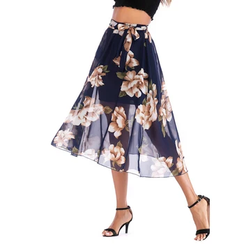 

Hot Sale Women Clothes Euro Style Floral Print Chiffon Skirts Summer Sashes Boho Elastic Waist Vintage Flower Skirt Femme Saia