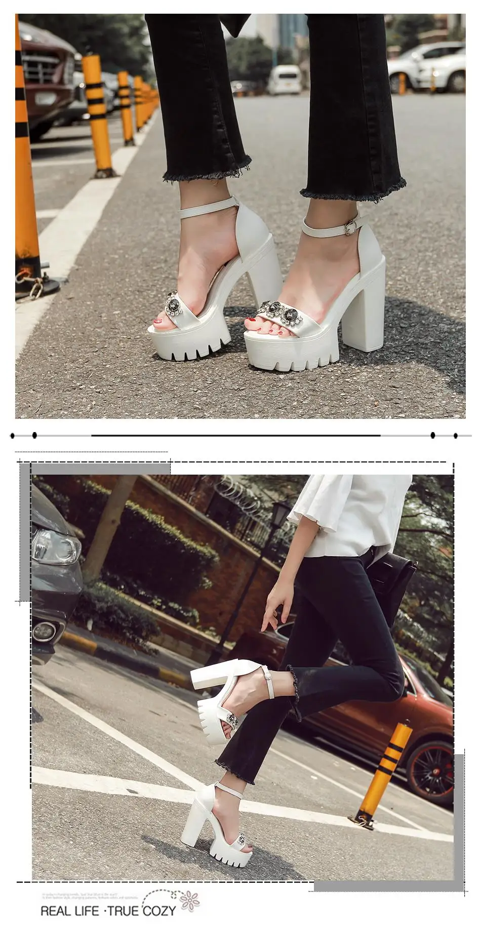 Platform Sandals Heels Women Summer Shoes Fashion Buckle Ankle Strap Black Leather Zipper Sandal