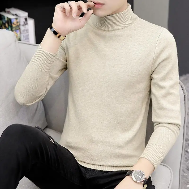 Men Turtleneck Sweater Autumn Winter Solid Color Casual Sweater Men's Slim Fit Knitted Pullovers Bottoming Jumper