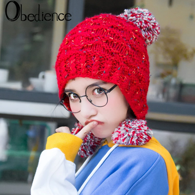 

2019 fashion Women Lady Winter Warm Casual Caps Female Beautiful Wool Crochet Knitted Decorated Ears Hats