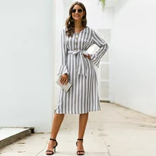 Bikitique Stripe alta cintura tejido vestido de vacaciones con cuello en V manga larga acampanada cintura ajustada vestido de fiesta mujeres vestidos de Fecha