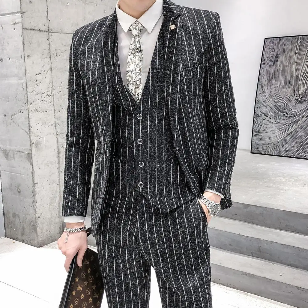 Striped men's suit 3-Pieces Blazers+Pant Fashion Korean Slim Fit Casual men's tuxedo wedding men suits groom suit business