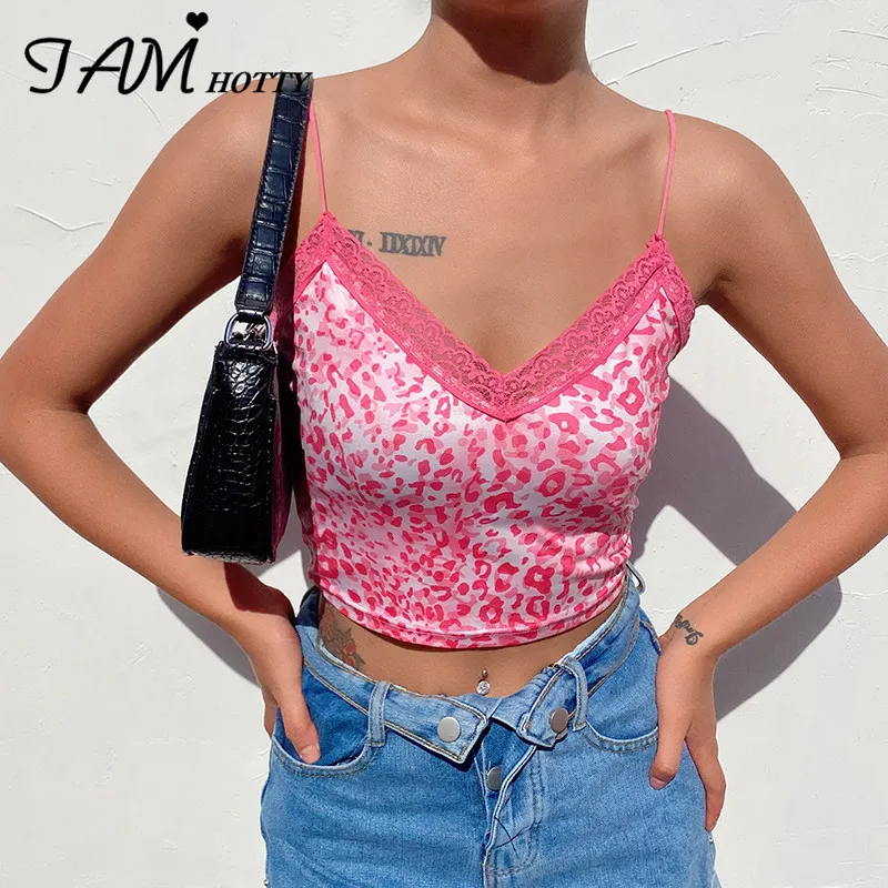 IAMHOTTY розовый Леопардовый принт пэтчворк кружевной топ Для женщин с v-образным