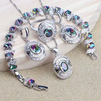 

925 Sterling Silver Bridal Rainbow CZ Jewelry Sets Charms Bracelet Rings Earrings For Women Wedding Set of Necklace Pendant