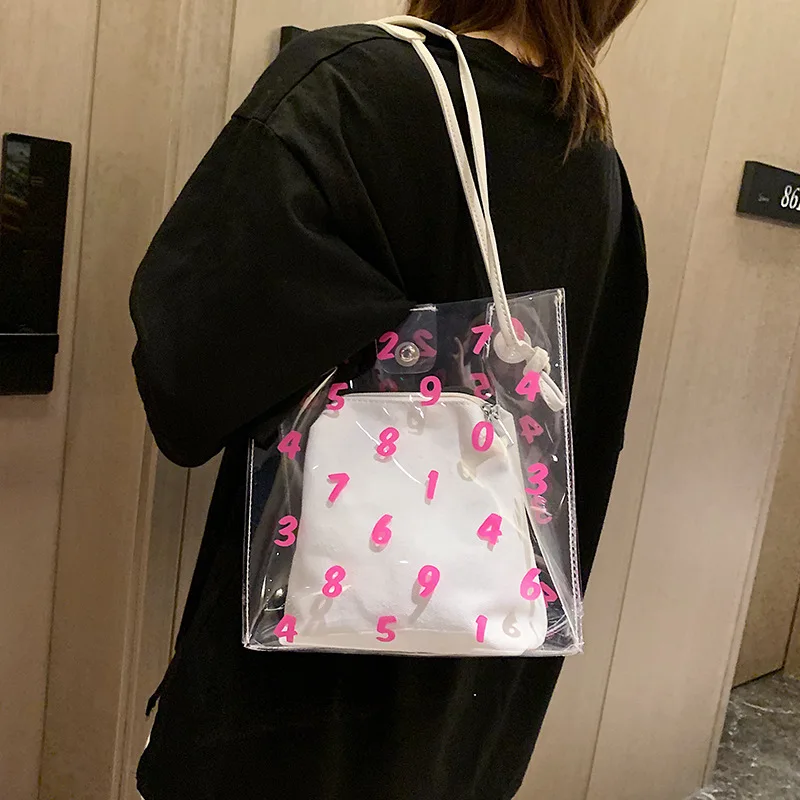 

JIULIN Crossbody Bucket-Bag Messenger-Bags Jelly Luxury Handbag Clear Transparent number canvas