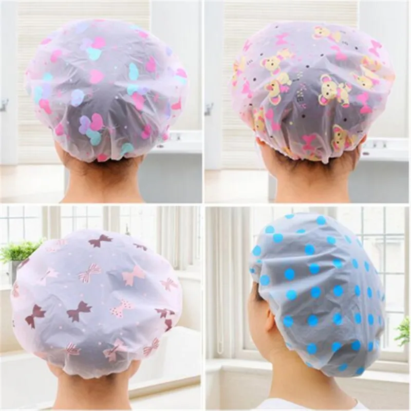 

Cute cartoon shower bath cap women hat for baths and saunas lace elastic band cap spa cap women kids hair protective cap