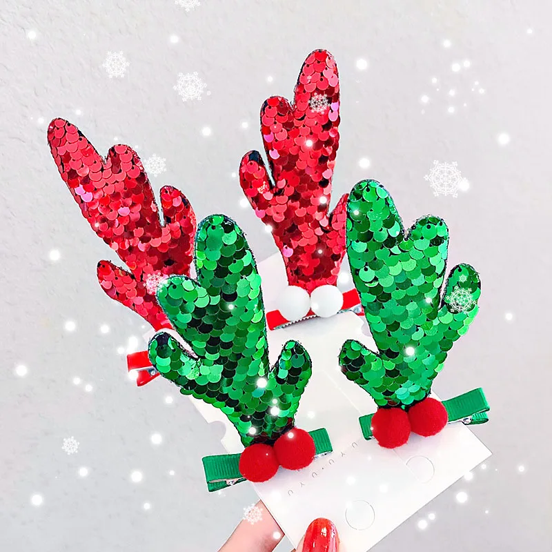 

2Pcs Glitter Baby Hair Clips Christmas Antlers Reversible Sequin Hairpins for Baby Girls Alligato Clips Hairgrips Accessories