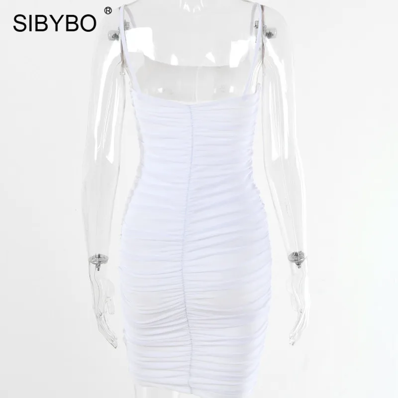 SIBYBO двойной сетчатый спагетти ремень платье женское без рукавов Плиссированное Сексуальное мини платье однотонный Летний Пляжный с открытой спиной платье