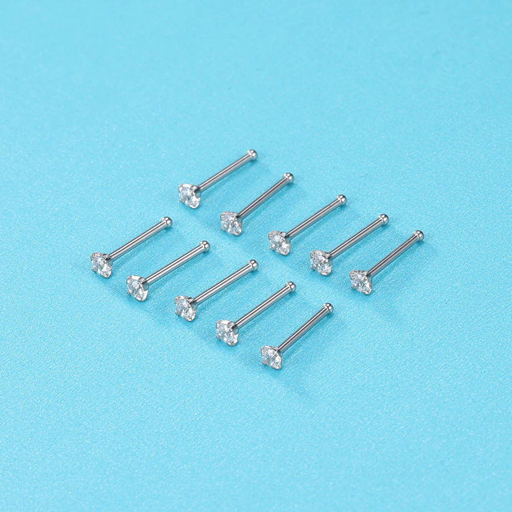 Stainless Steel Nose Studs 10pcs Straight Shape Nose Rings For Women Men Nose Piercing Jewelry