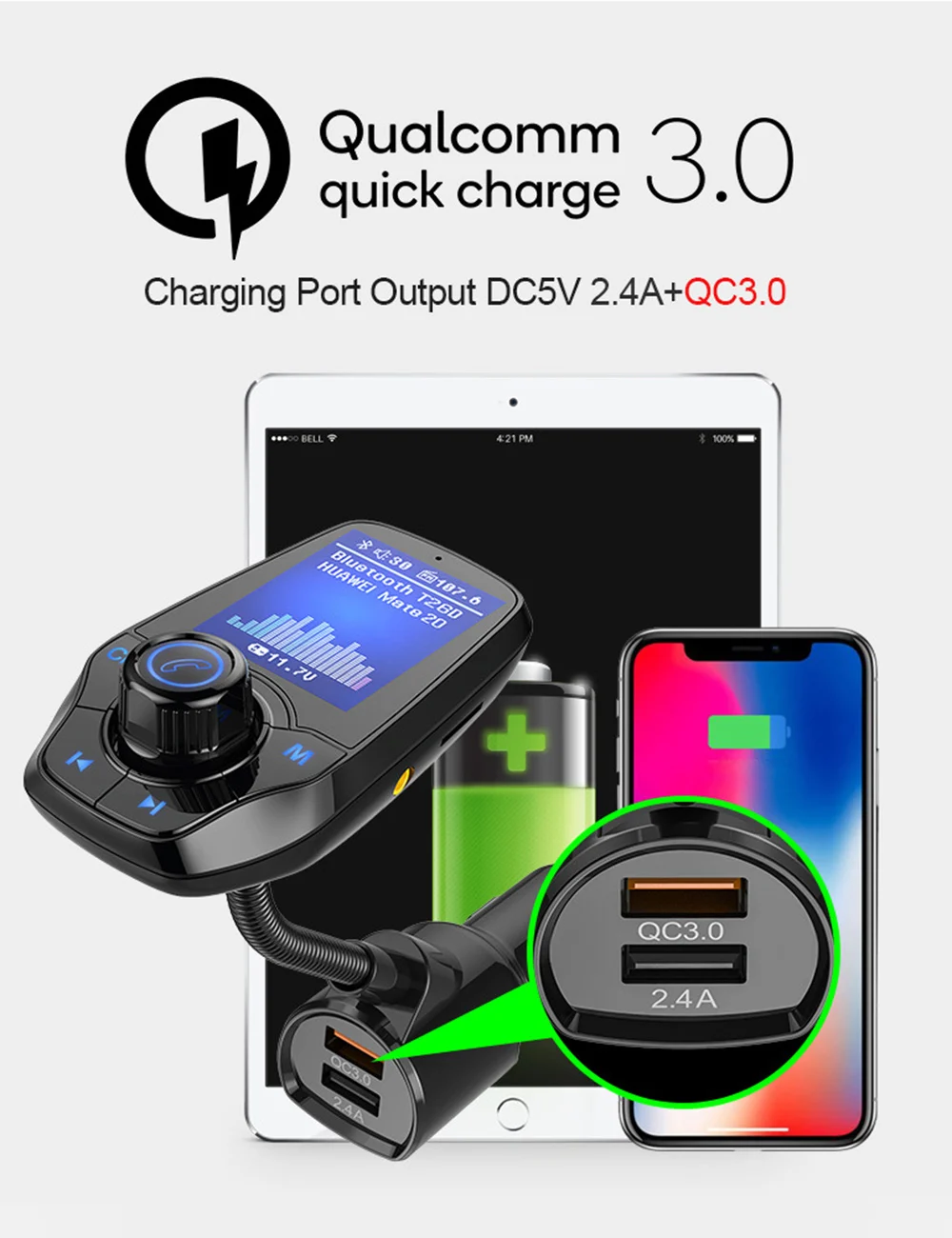 T26D Автомобильный MP3 Bluetooth fm-передатчик с двойным USB QC3.0 порт быстрой зарядки музыкальный плейер в машине Поддержка USB TF карта AUX вход