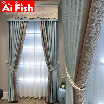 

Light Luxury Modern Pearls Sequins Blue Stitching Blackout Curtains For Living room White Bedroom Window Tulle Curtain MY496#4