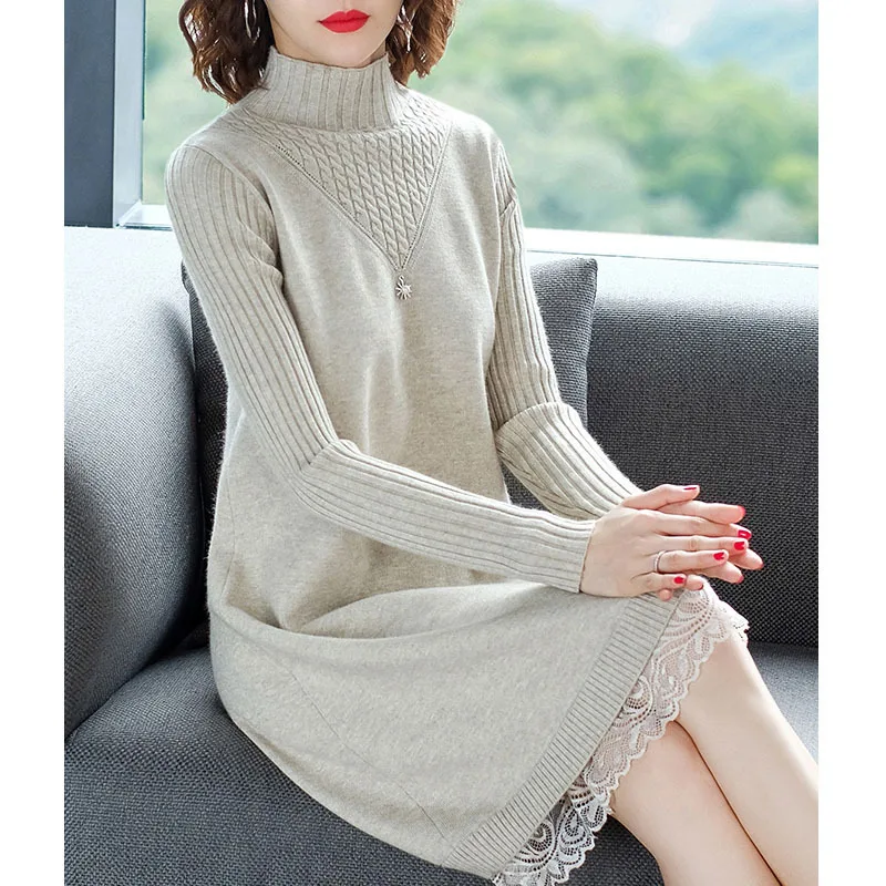 

Long Sweater Women's Autumn And Winter Europe And America Korean-style Mock-Neck Loose-Fit Western Style White Underwear Base Sh