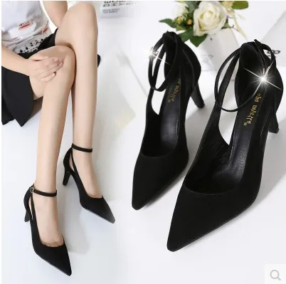 

2016 Summer July New Style Europe And America-Straight-line Buckle High Heel Shoes Thin Heeled Pointed-Toe WOMEN'S Shoes