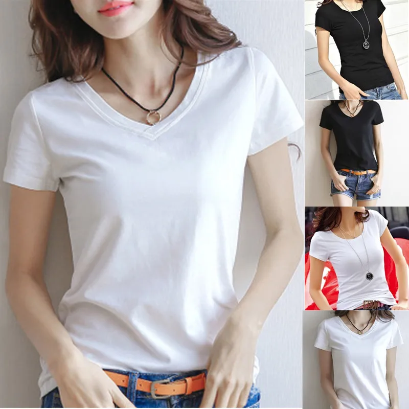

Spring Summer Women Cotton T-shirt Black V-Neck Short Sleeve Female Tee Slim White T-Shirt Casual Solid Lady Tshirt Tops