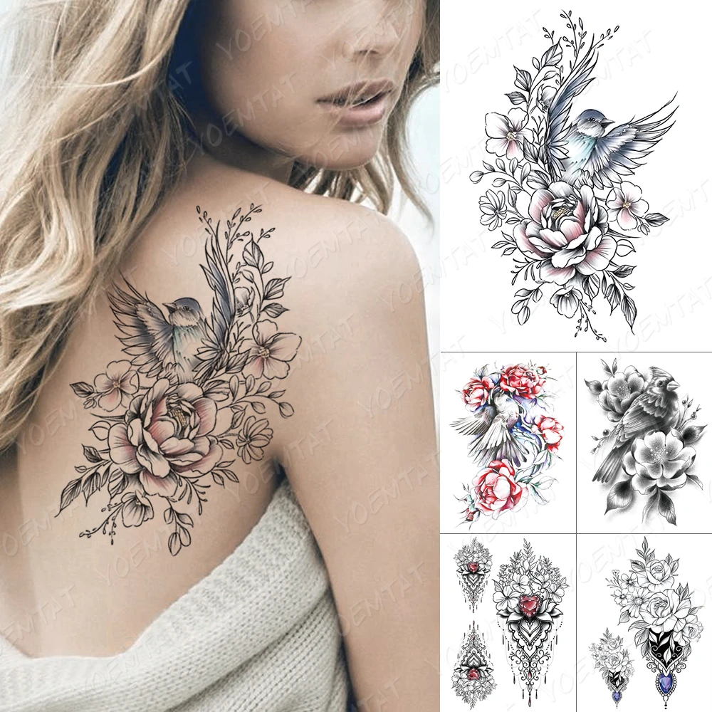 Tatouage Oiseau Et Fleur Bras Tatouage Temporaire Imperméable, Autocollant Oiseau Fleur Plume Diamant  Gemme Flash Tatouages Pivoine Rose Body Art Bras Faux Tatouage Femmes  Hommes - Temporaire Tatouages - AliExpress